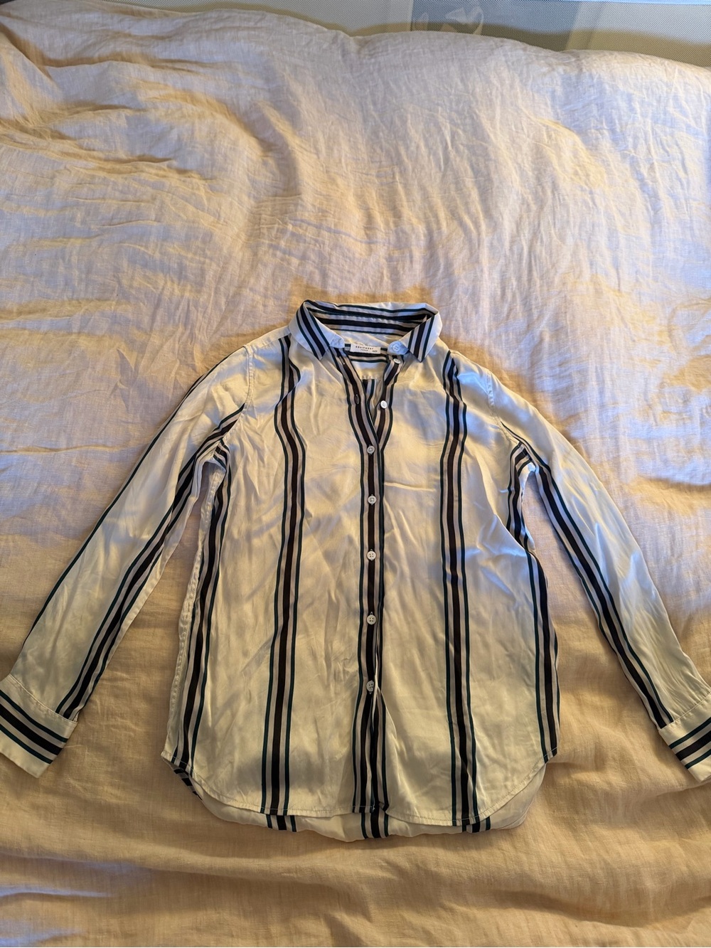 Equipment White Shirt with Navy Vertical Stripes